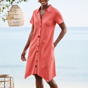 Soft Surroundings Danielle Button Dress Deep Sea Coral Women's Size Large